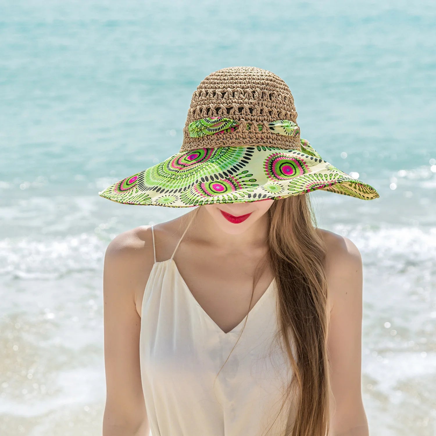 Women Spring Summer Wide Brim Folding Straw Hat for Beach Holiday Lady Bohemian Style Flower Sun Protection Cap with Bow Tie New - PratSN