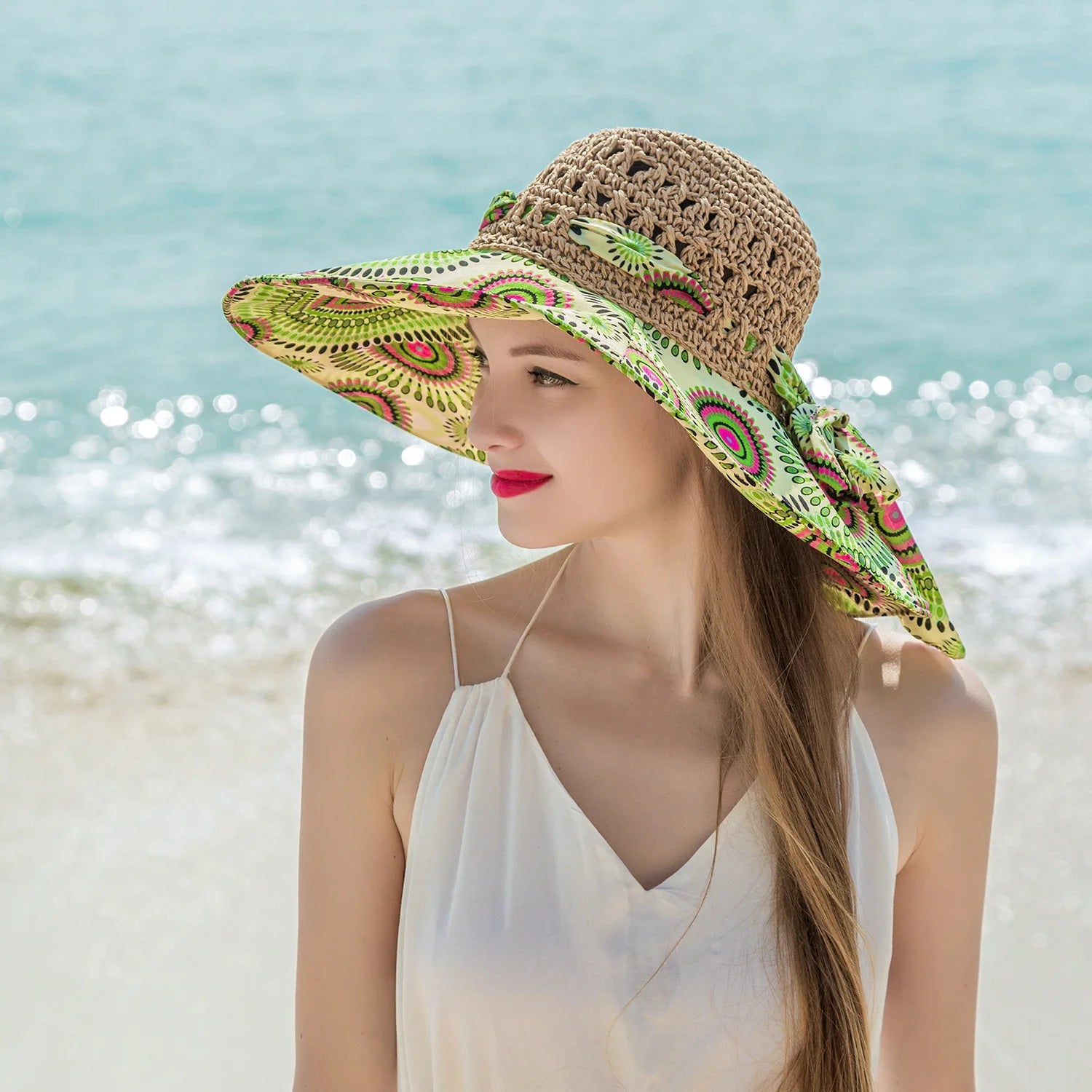 Women Spring Summer Wide Brim Folding Straw Hat for Beach Holiday Lady Bohemian Style Flower Sun Protection Cap with Bow Tie New - PratSN
