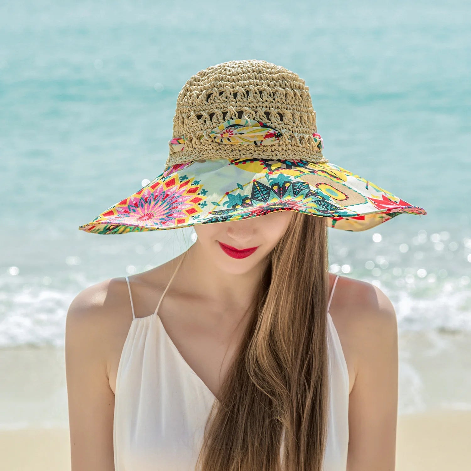 Women Spring Summer Wide Brim Folding Straw Hat for Beach Holiday Lady Bohemian Style Flower Sun Protection Cap with Bow Tie New - PratSN