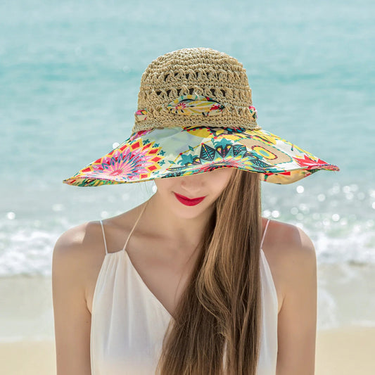 Women Spring Summer Wide Brim Folding Straw Hat for Beach Holiday Lady Bohemian Style Flower Sun Protection Cap with Bow Tie New - PratSN