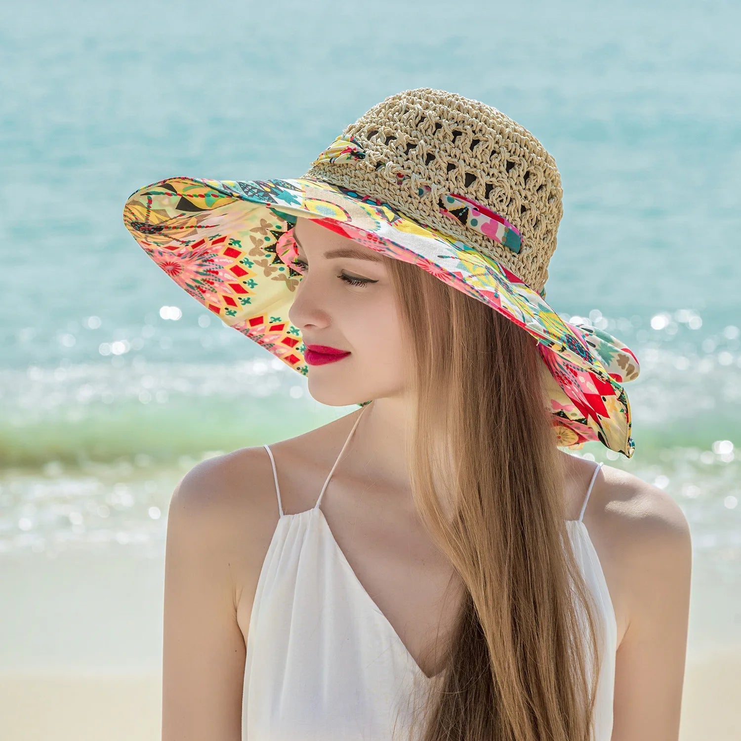 Women Spring Summer Wide Brim Folding Straw Hat for Beach Holiday Lady Bohemian Style Flower Sun Protection Cap with Bow Tie New - PratSN