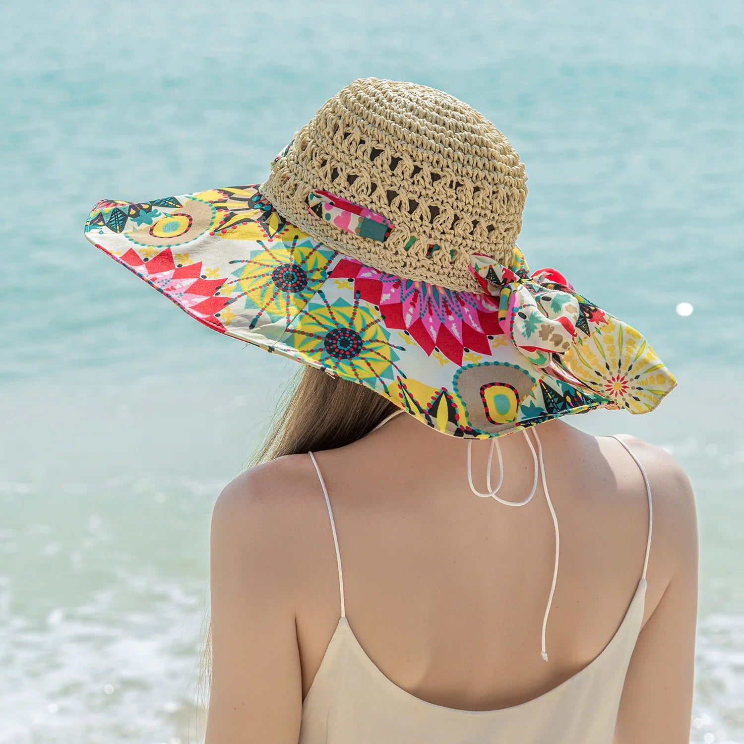 Women Spring Summer Wide Brim Folding Straw Hat for Beach Holiday Lady Bohemian Style Flower Sun Protection Cap with Bow Tie New - PratSN