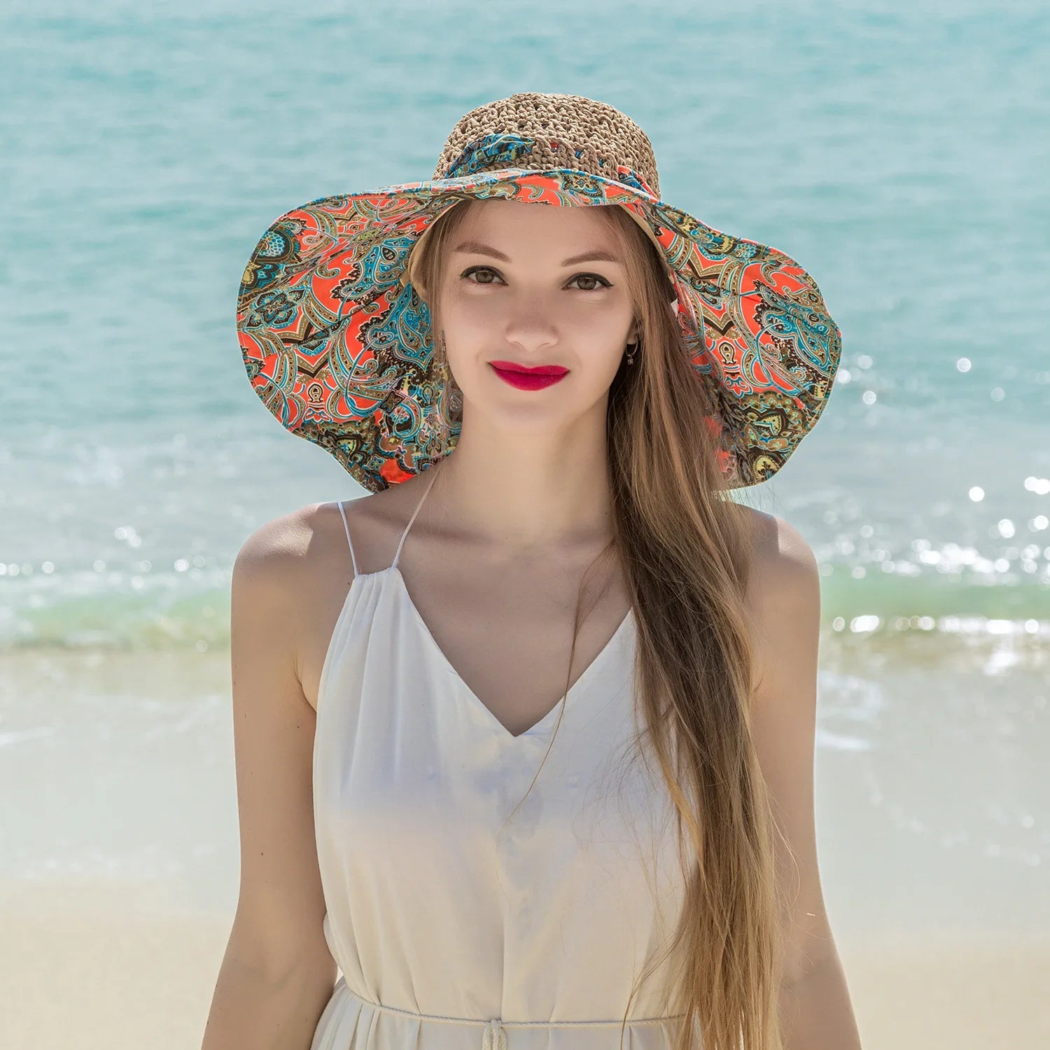 Women Spring Summer Wide Brim Folding Straw Hat for Beach Holiday Lady Bohemian Style Flower Sun Protection Cap with Bow Tie New - PratSN