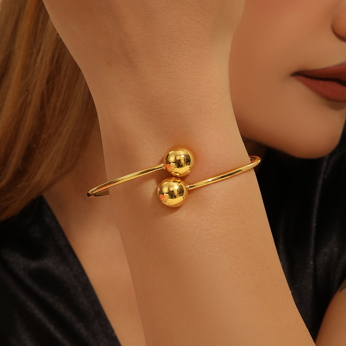Women's 1pcs Copper Plated 18k Gold Double Headed Bead Opening Bracelet, Gifts, And Daily Wear - PratSN