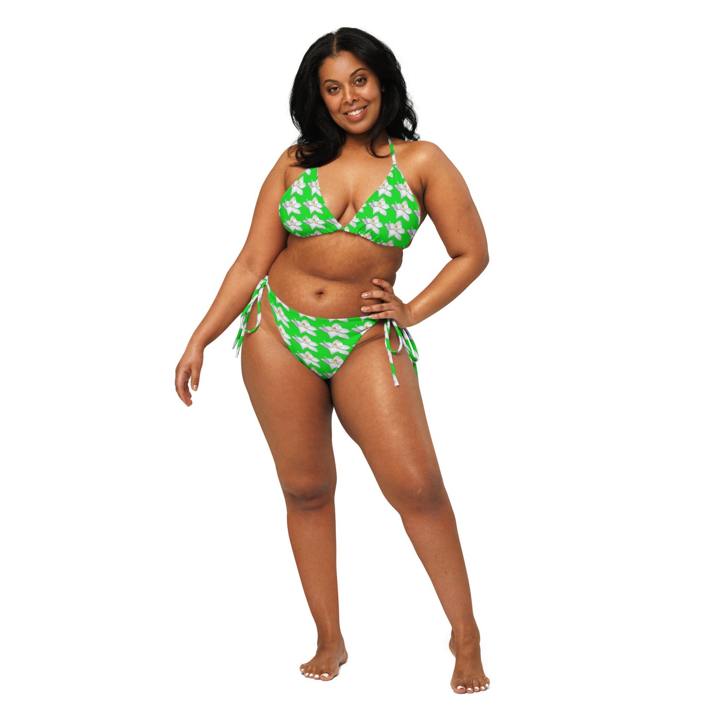 Women's All - over pri string bikini, Green White Floral Swimwear, Floral Bikini, Cute Summer Bikini - PratSN