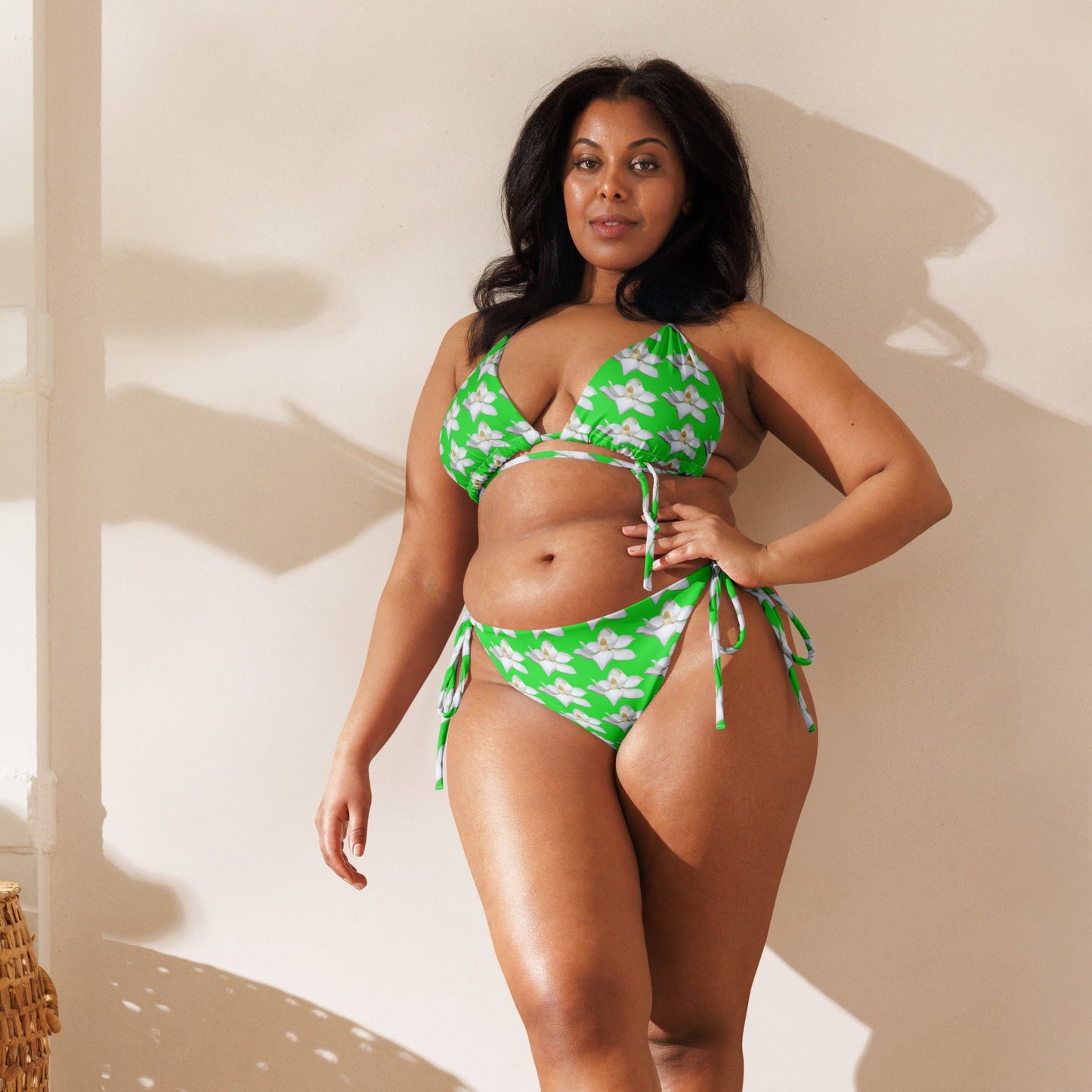 Women's All - over pri string bikini, Green White Floral Swimwear, Floral Bikini, Cute Summer Bikini - PratSN