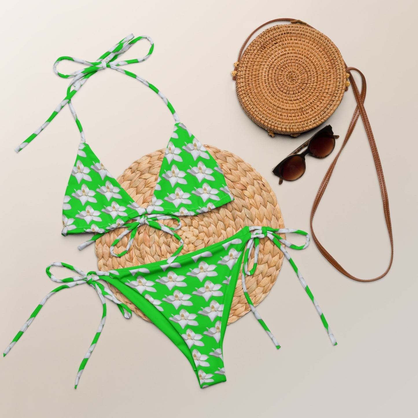 Women's All - over pri string bikini, Green White Floral Swimwear, Floral Bikini, Cute Summer Bikini - PratSN