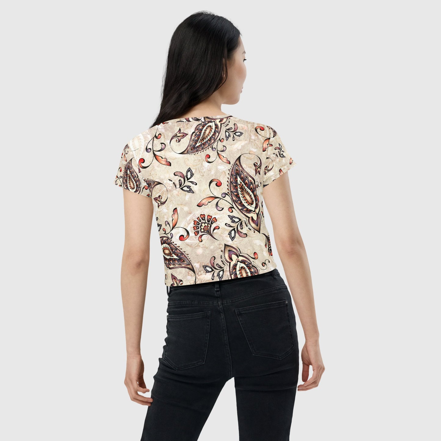 Women's all - over print crop tee, classic crop tee, Floral crop tee, Trendy crop tee for summer and spring - PratSN