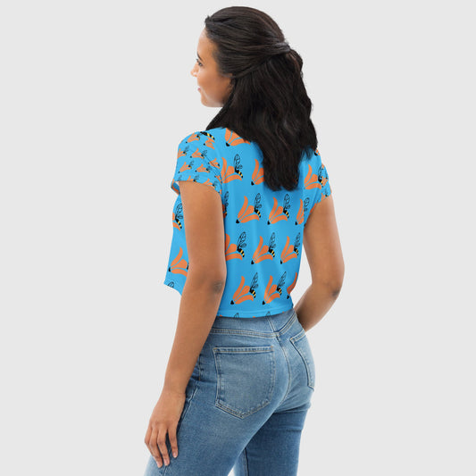 Women's all - over print crop tee, Lagoon orange color crop tee, Floral crop tee, Trendy crop tee for summer and spring - PratSN
