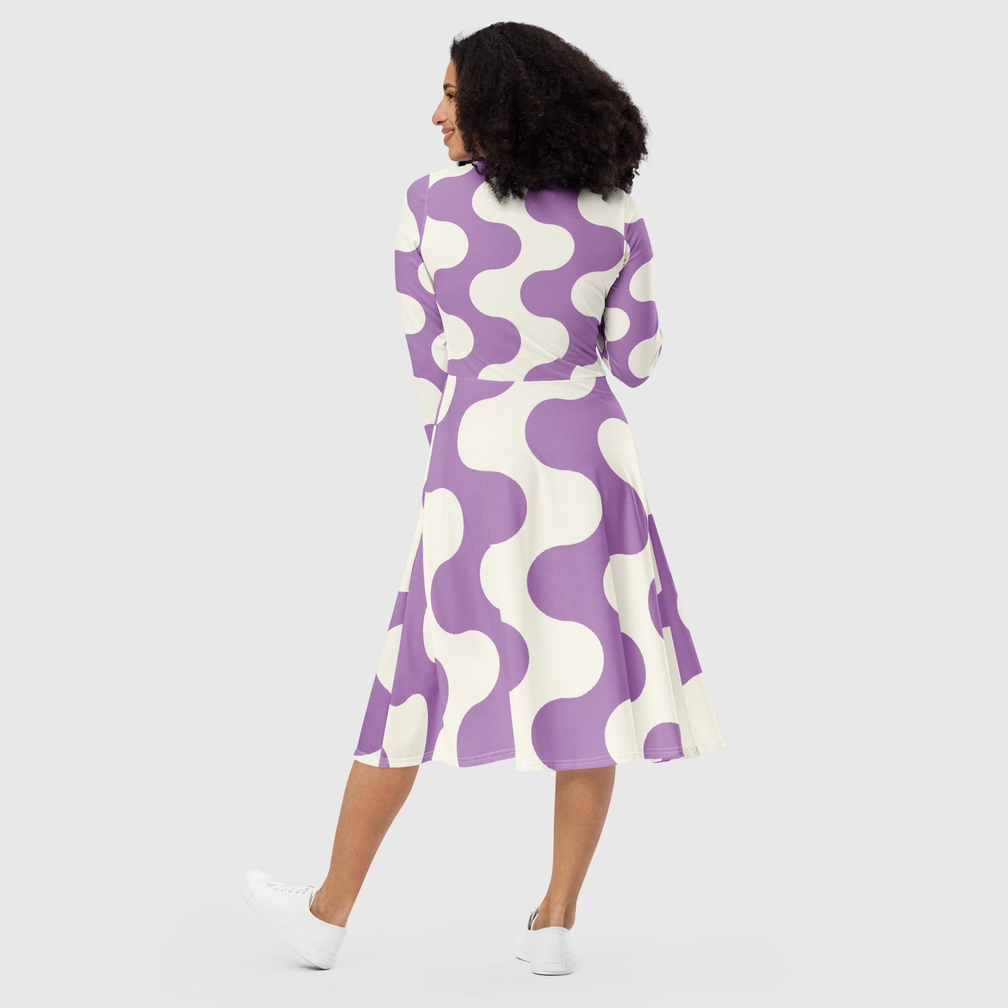 Women's all - over print long sleeve midi dress, Abstract pattern midi dress, Lavender and white Women's Clothes, Cocktail Party Dress - PratSN