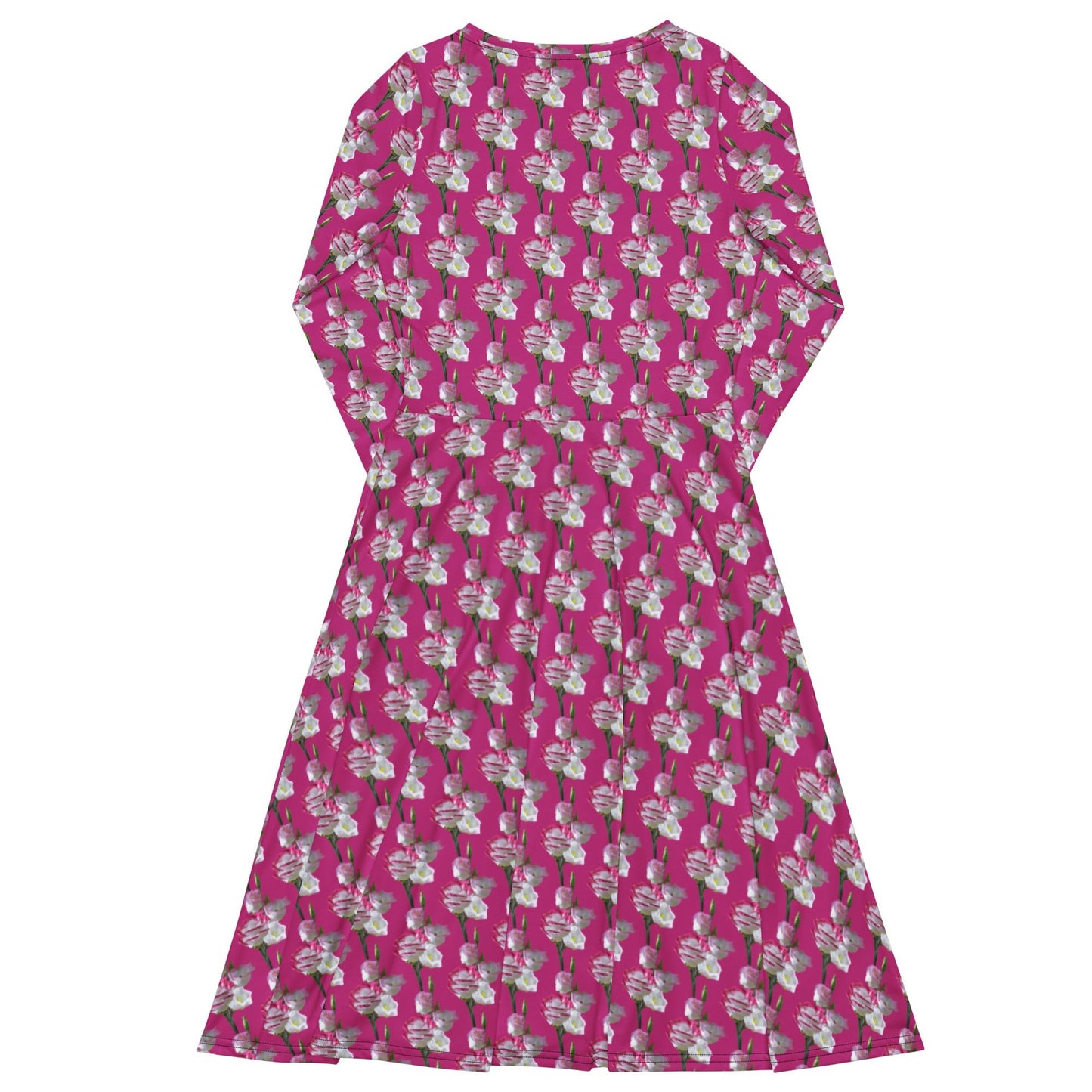 Women's All - over print long sleeve midi dress, Blooming Pattern, Pink and White Floral Summer Dresses - PratSN