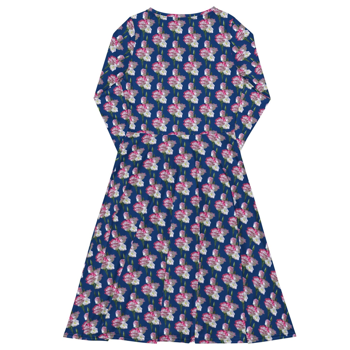 Women's All - over print long sleeve midi dress, Blue Blooming Summer Dresses - PratSN