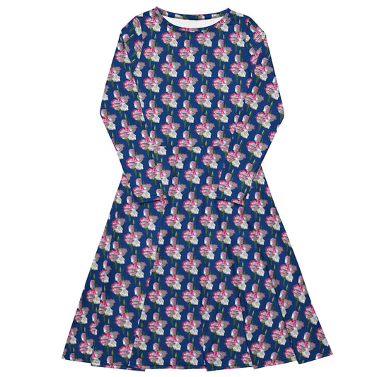 Women's All - over print long sleeve midi dress, Blue Blooming Summer Dresses - PratSN