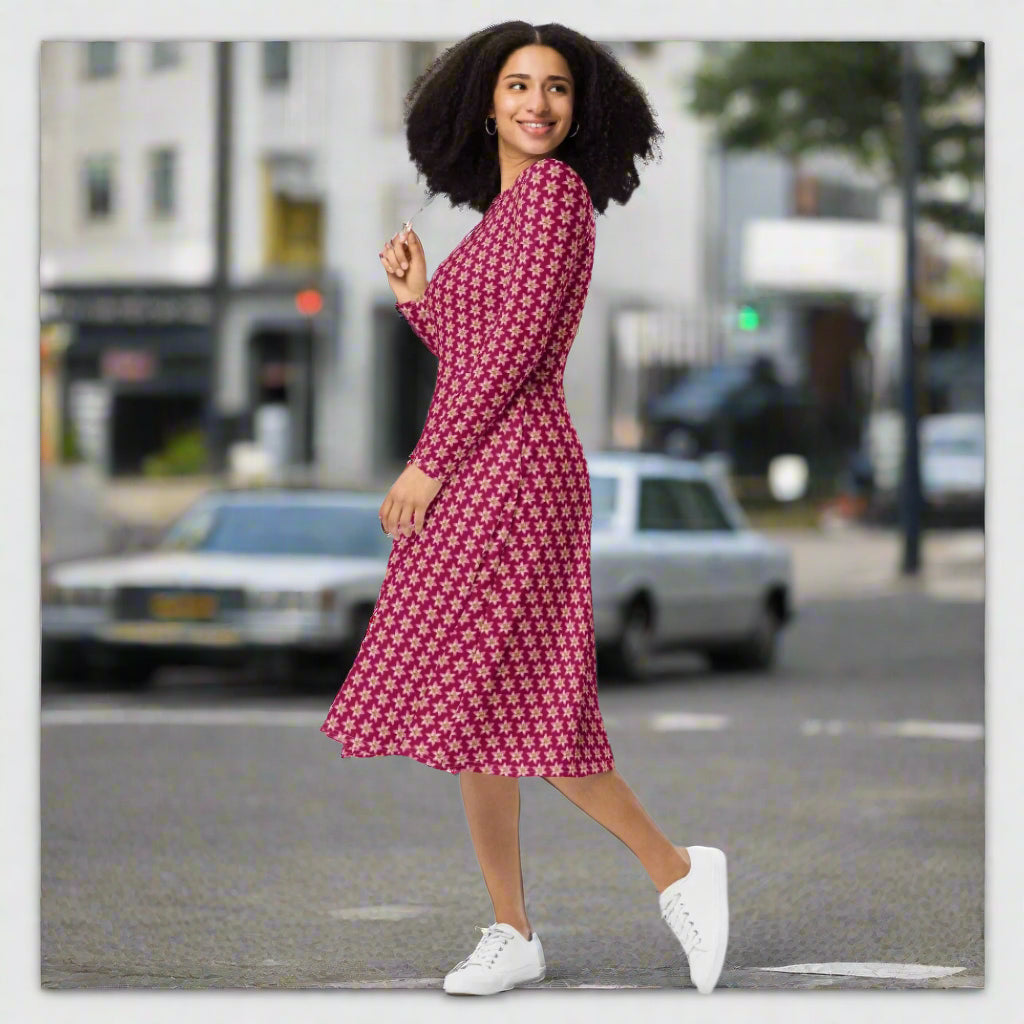 Burgundy Blooming Pattern Midi Dress for Women 5XL Burgundy Blooming Pattern Midi Dress for Women 5XL