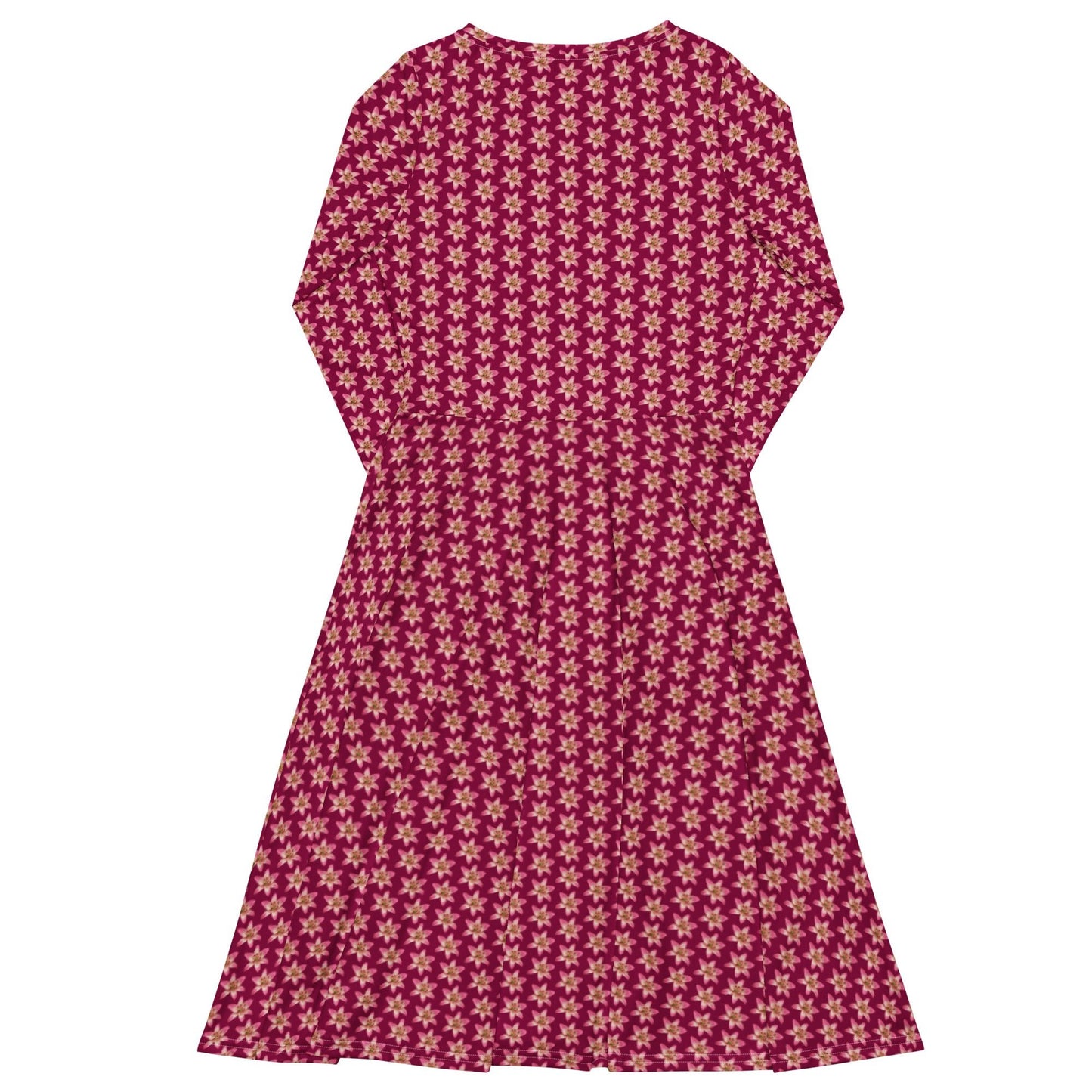 Women's All - over print long sleeve midi dress, Burgundy blooming Pattern Summer Dresses - PratSN