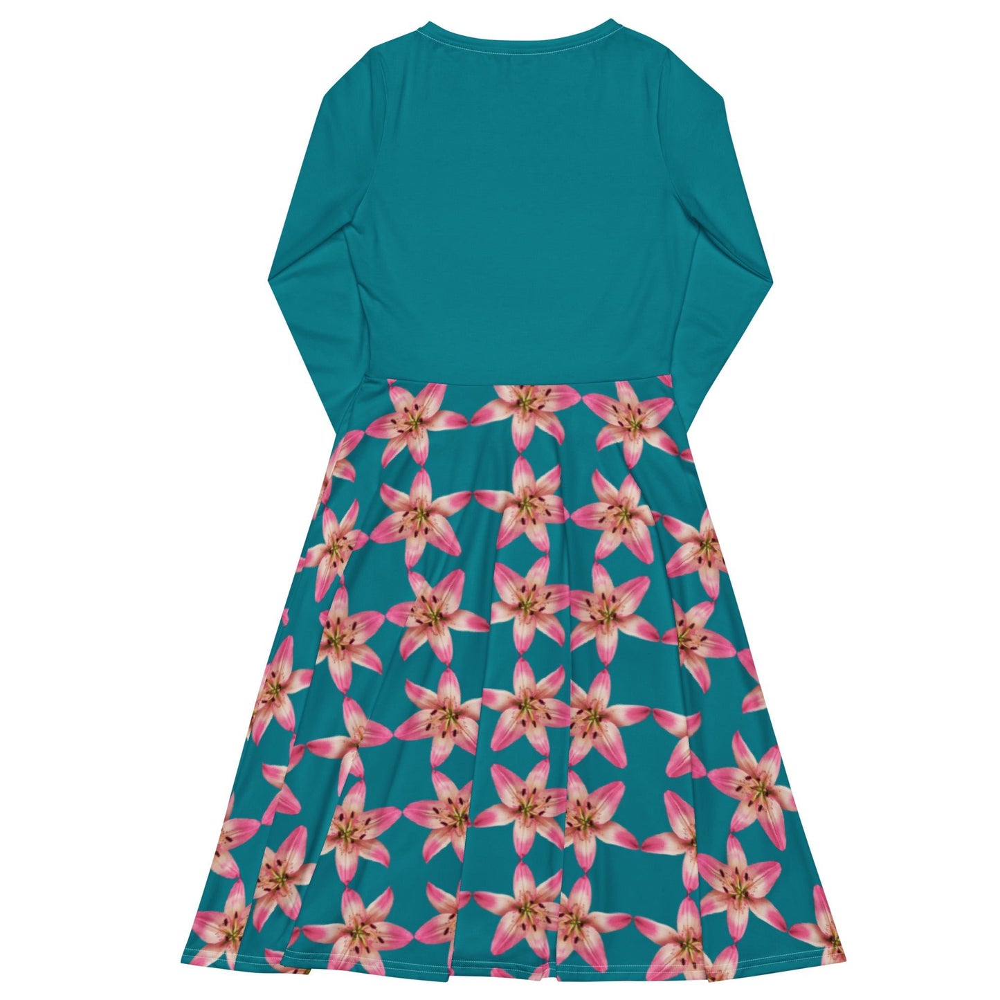 Women's All - over print long sleeve midi dress, Eastern Blue, Pink Lily, Summer spring Dresses - PratSN
