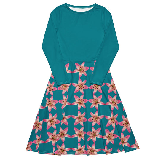 Women's All - over print long sleeve midi dress, Eastern Blue, Pink Lily, Summer spring Dresses - PratSN