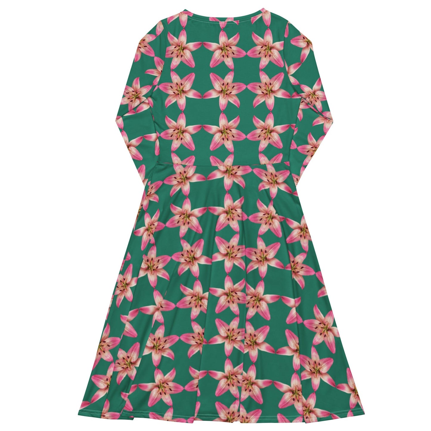 Women's All - over print long sleeve midi dress, Elf Green Pink Lily Floral Summer Dresses - PratSN