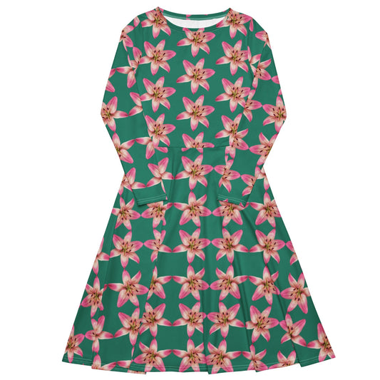 Women's All - over print long sleeve midi dress, Elf Green Pink Lily Floral Summer Dresses - PratSN