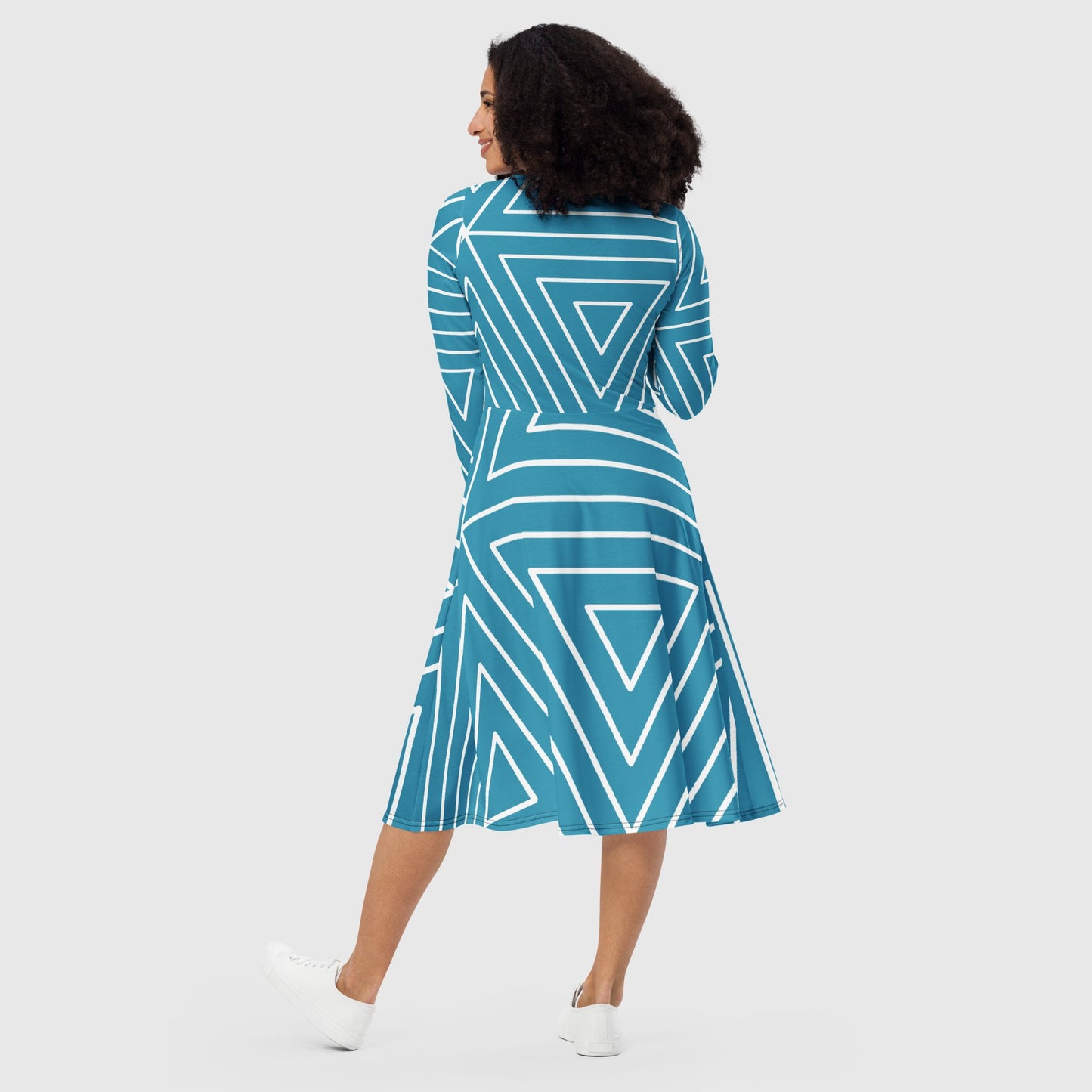 Women's all - over print long sleeve midi dress, Geometric pattern midi dress, Sky blue and white women's Clothes, Cocktail Party Dresses - PratSN