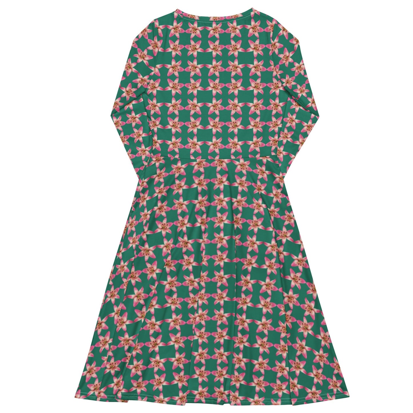 Women's All - over print long sleeve midi dress, green blooming Pattern Summer Dresses - PratSN