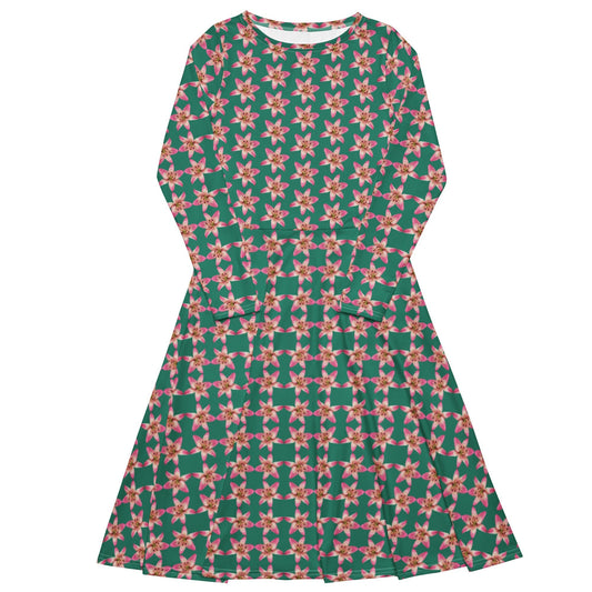 Women's All - over print long sleeve midi dress, green blooming Pattern Summer Dresses - PratSN
