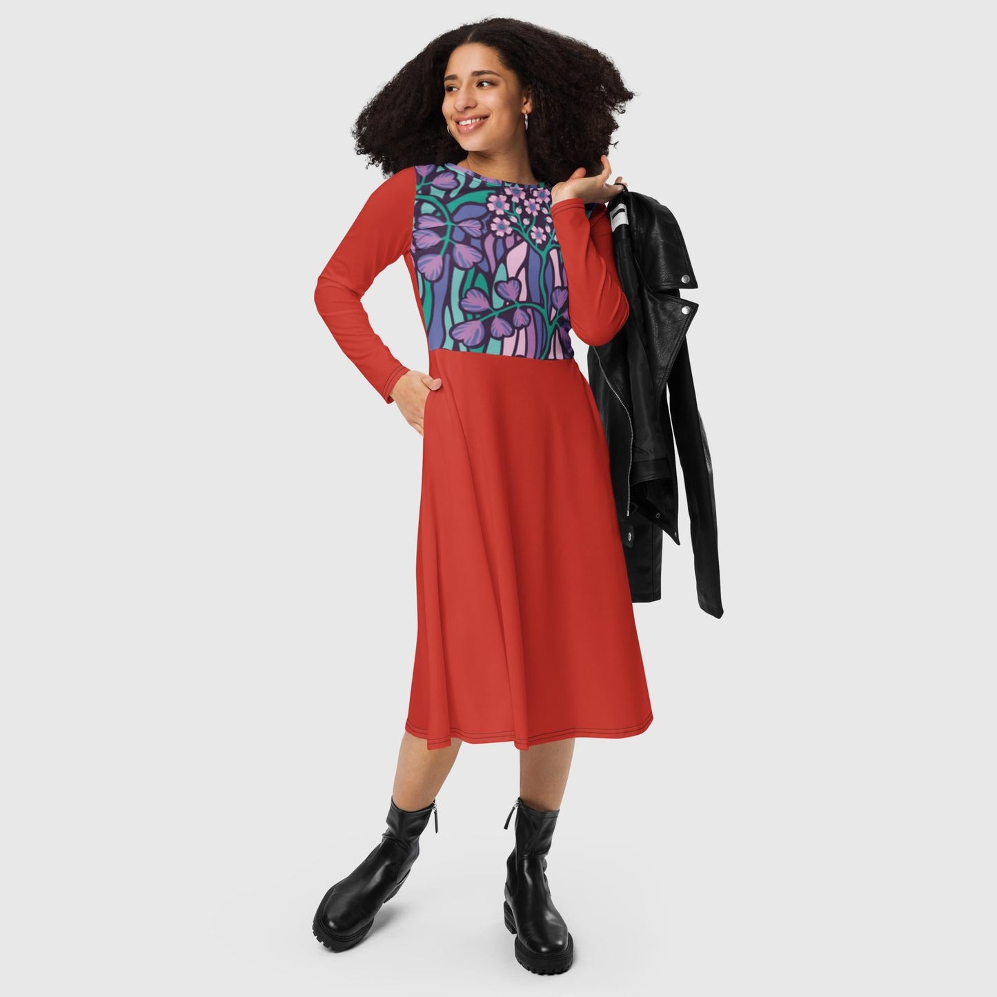 Women's all-over print long sleeve midi dress, Harley Davidson Red and purple midi dress, Floral pattern dress - PratSN