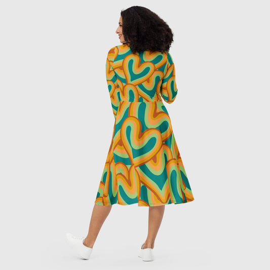 Women's all - over print long Sleeve midi Dress, Heart print Dress, Valentine's Day Night Women's Dress, Regular and Plus Sizes Summer dress - PratSN