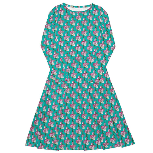 Women's All - over print long sleeve midi dress, Iris Blue blooming Pattern Summer Dresses - PratSN
