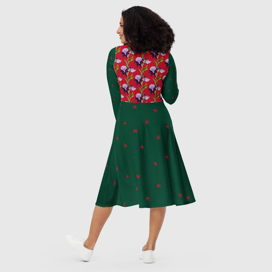 Women's all-over print long sleeve midi dress, Long midi dress green alizarin red, Blooming Pattern - PratSN