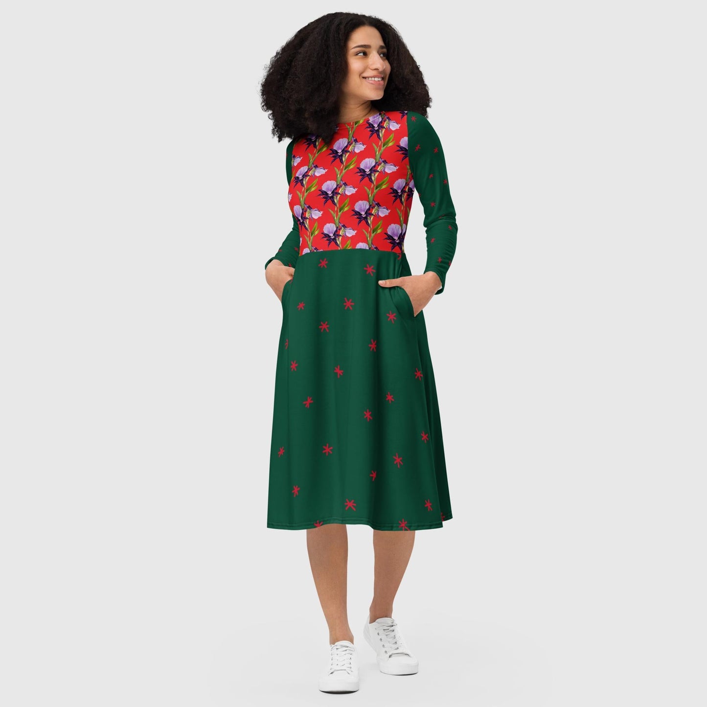 Women's all-over print long sleeve midi dress, Long midi dress green alizarin red, Blooming Pattern - PratSN