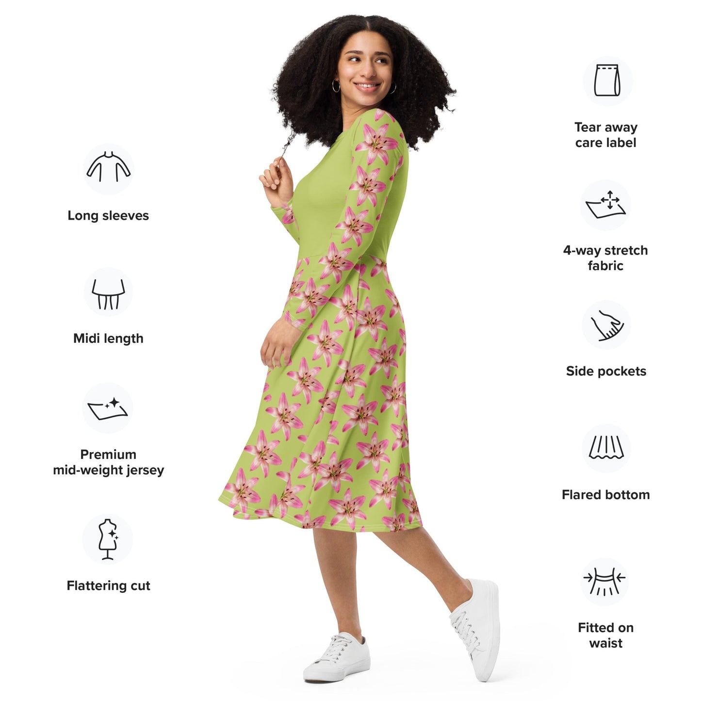 Women's All - over print long sleeve midi dress, Pastel yellow Pink Floral Summer Dresses - PratSN