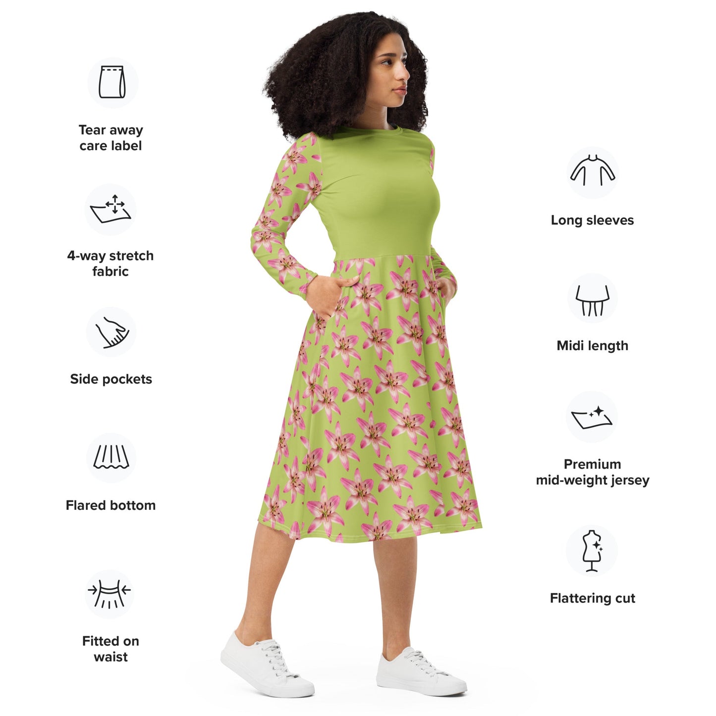 Women's All - over print long sleeve midi dress, Pastel yellow Pink Floral Summer Dresses - PratSN
