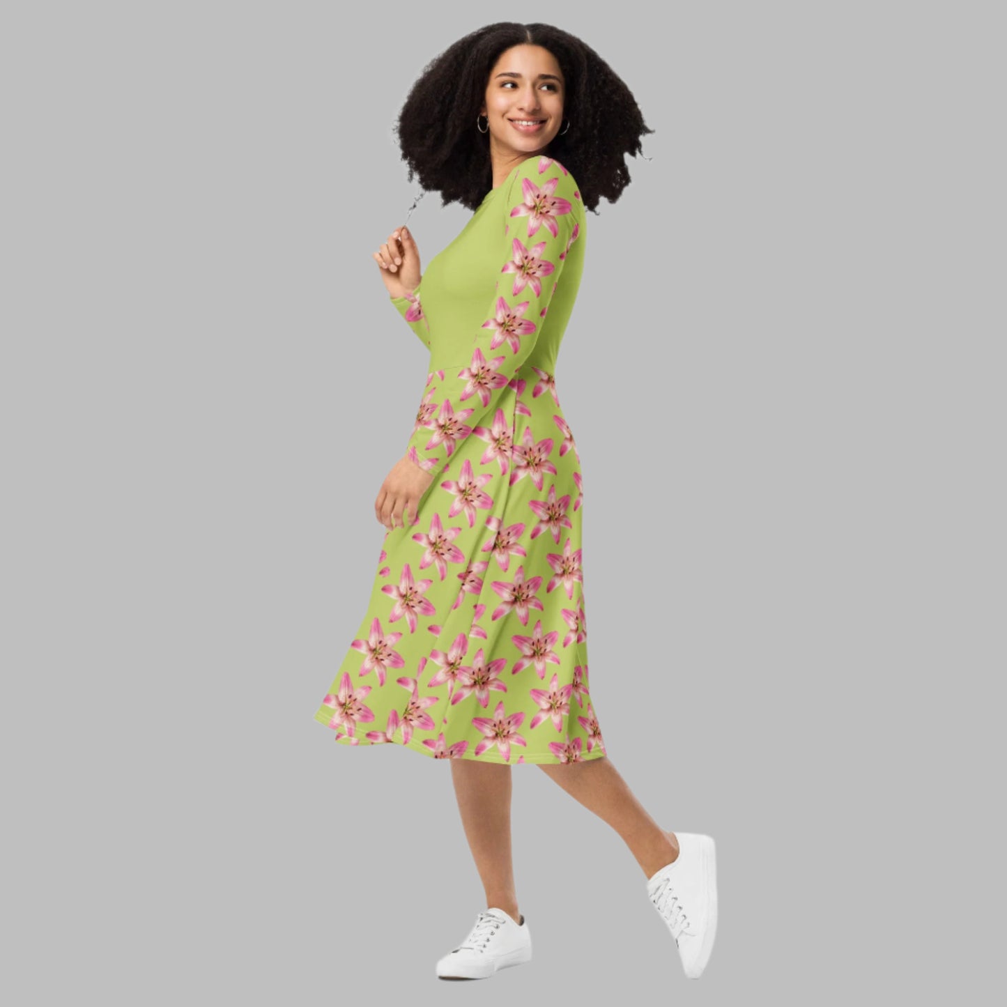 Women's All - over print long sleeve midi dress, Pastel yellow Pink Floral Summer Dresses - PratSN