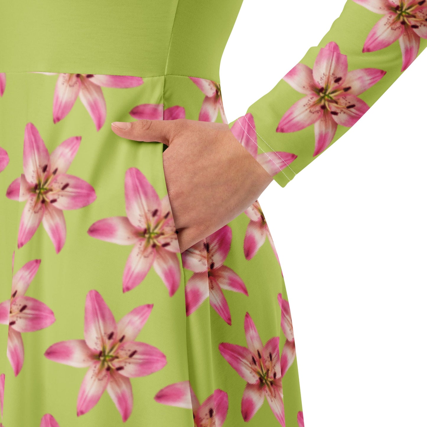 Women's All - over print long sleeve midi dress, Pastel yellow Pink Floral Summer Dresses - PratSN