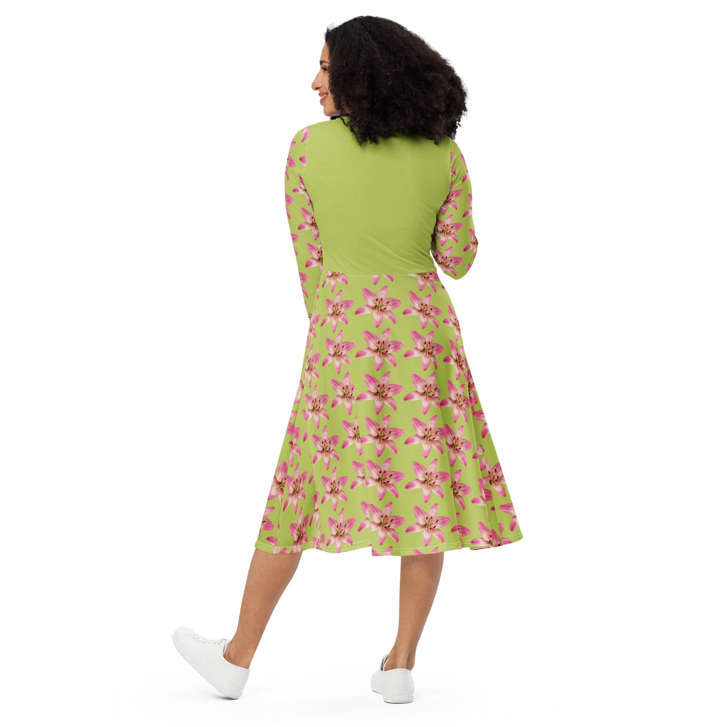 Women's All - over print long sleeve midi dress, Pastel yellow Pink Floral Summer Dresses - PratSN