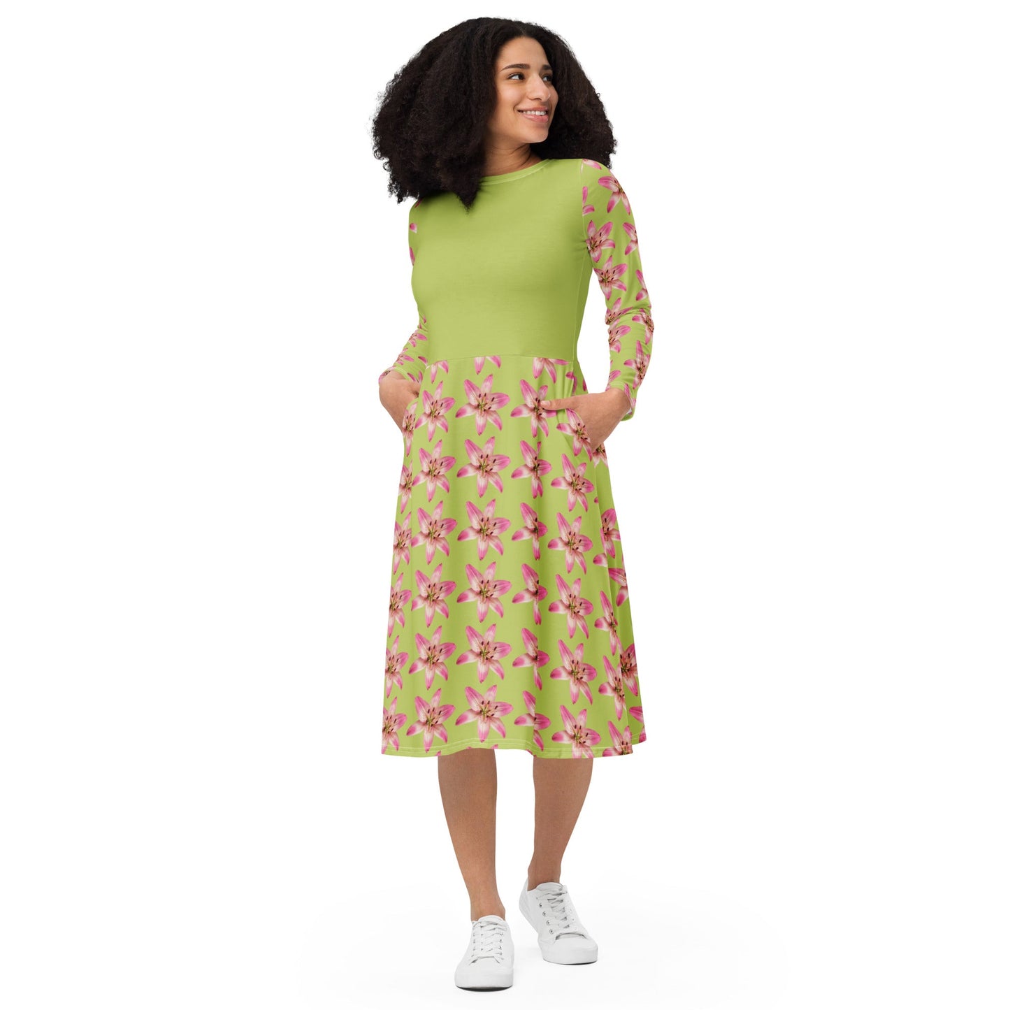 Women's All - over print long sleeve midi dress, Pastel yellow Pink Floral Summer Dresses - PratSN