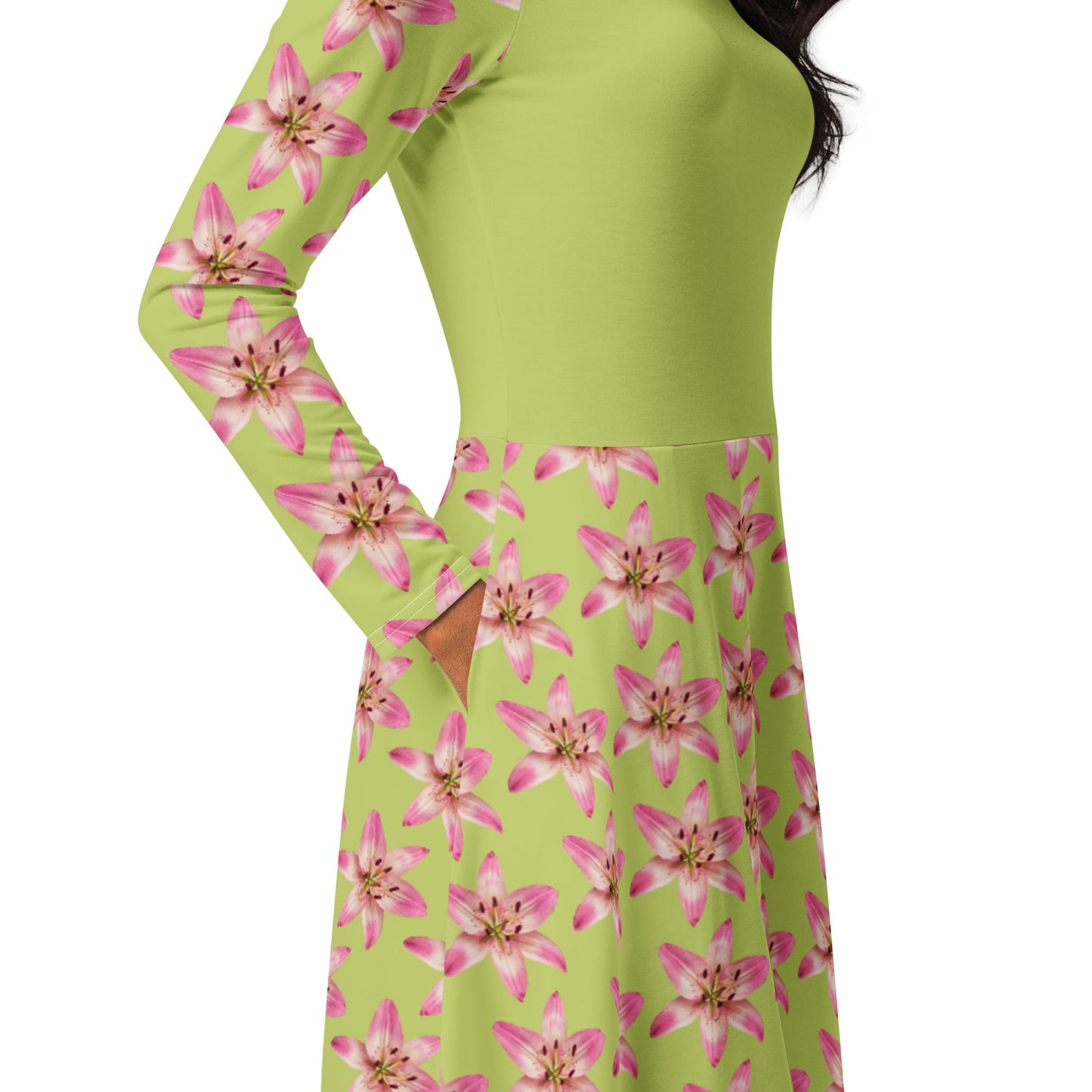 Women's All - over print long sleeve midi dress, Pastel yellow Pink Floral Summer Dresses - PratSN