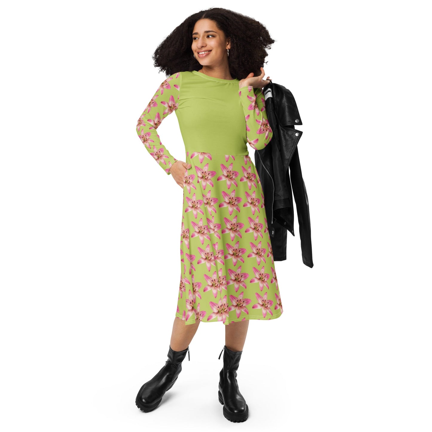 Women's All - over print long sleeve midi dress, Pastel yellow Pink Floral Summer Dresses - PratSN