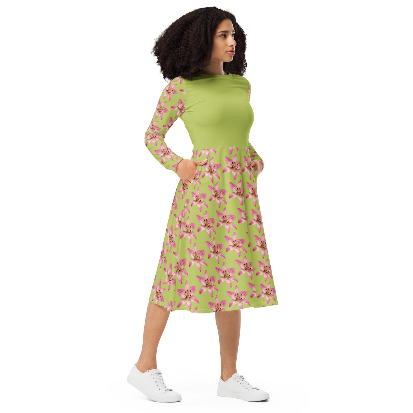 Women's All - over print long sleeve midi dress, Pastel yellow Pink Floral Summer Dresses - PratSN