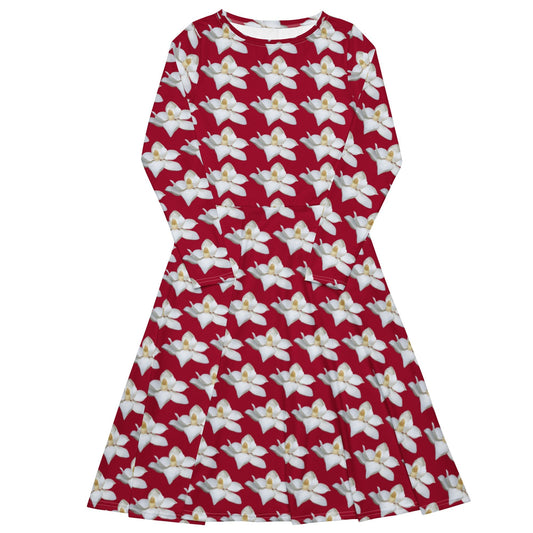 Women's All - over print long sleeve midi dress, Red White Flowers Summer Dresses - PratSN