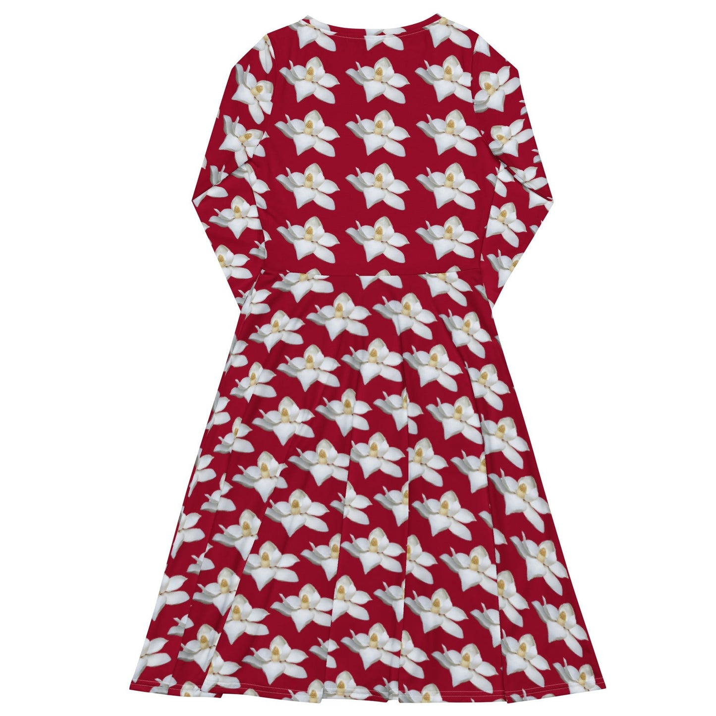 Women's All - over print long sleeve midi dress, Red White Flowers Summer Dresses - PratSN