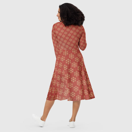 Women's all - over print long sleeve midi dress, Sunglo color midi dress, Women's Snowflake midi dress, midi dress with pocket, Midi dress for summer - PratSN
