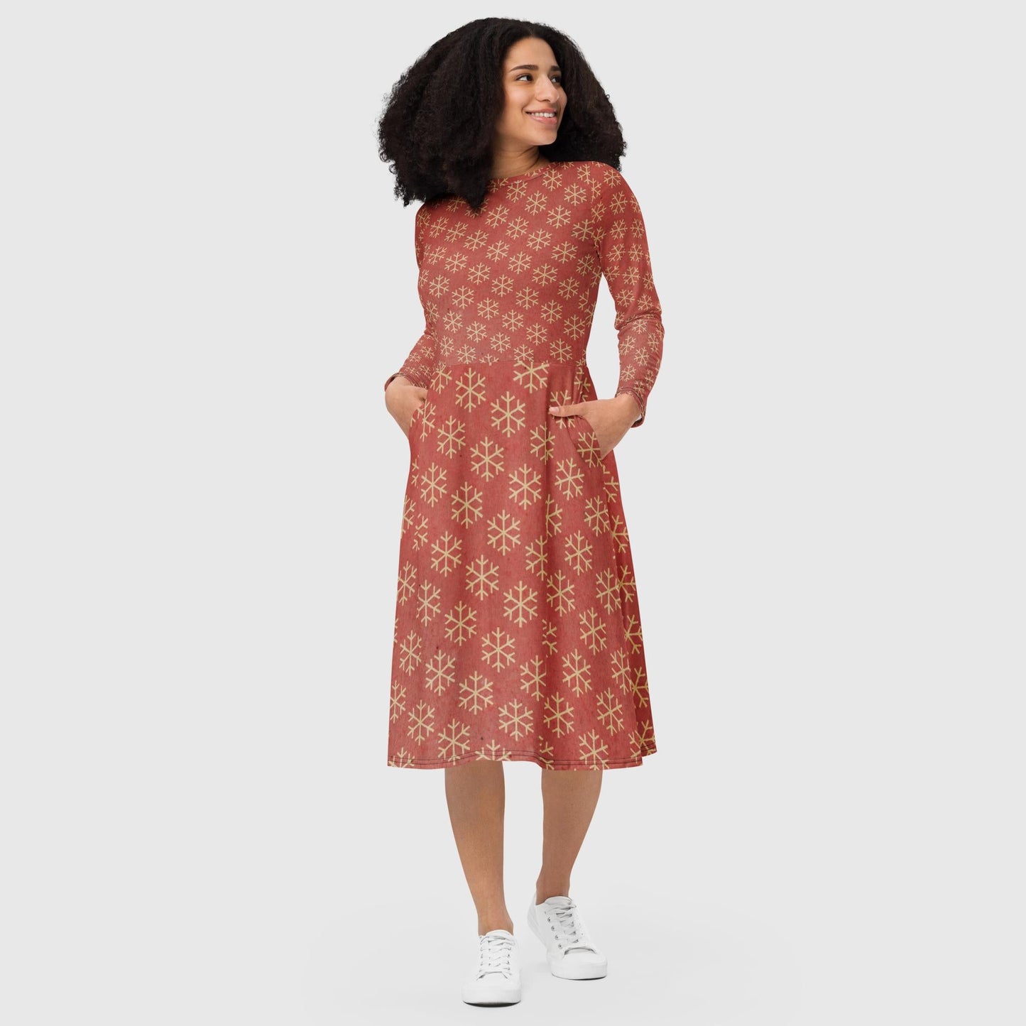 Women's all - over print long sleeve midi dress, Sunglo color midi dress, Women's Snowflake midi dress, midi dress with pocket, Midi dress for summer - PratSN
