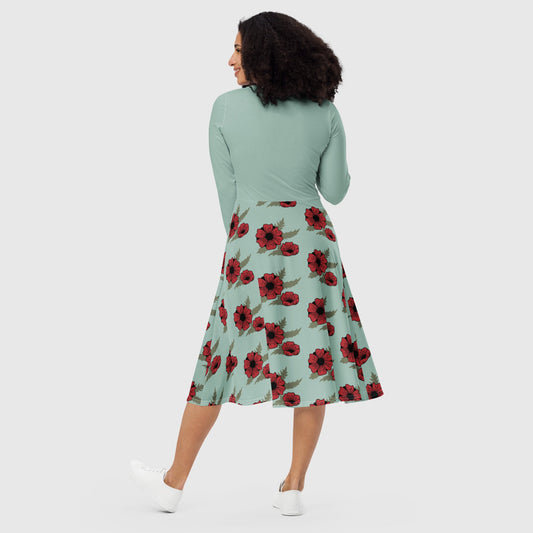 Women's all - over print long sleeve with Pockets, midi dress, Floral Pattern Summer Dress Dress, Midi dress for Work, Travel, and daily use, Flare dress - PratSN