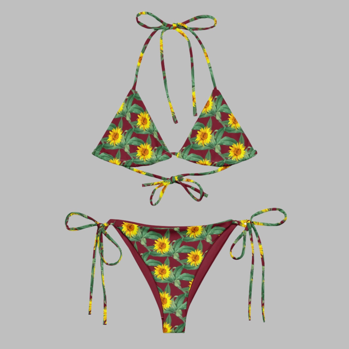 Women's All - over print recycled string bikini, Burgundy Yellow Bikini, Sunflower Top, Floral Bikini, Cute Summer Bikini - PratSN