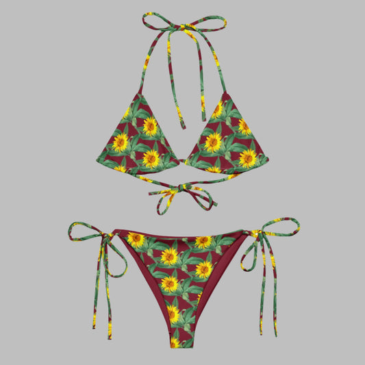 Women's All - over print recycled string bikini, Burgundy Yellow Bikini, Sunflower Top, Floral Bikini, Cute Summer Bikini - PratSN