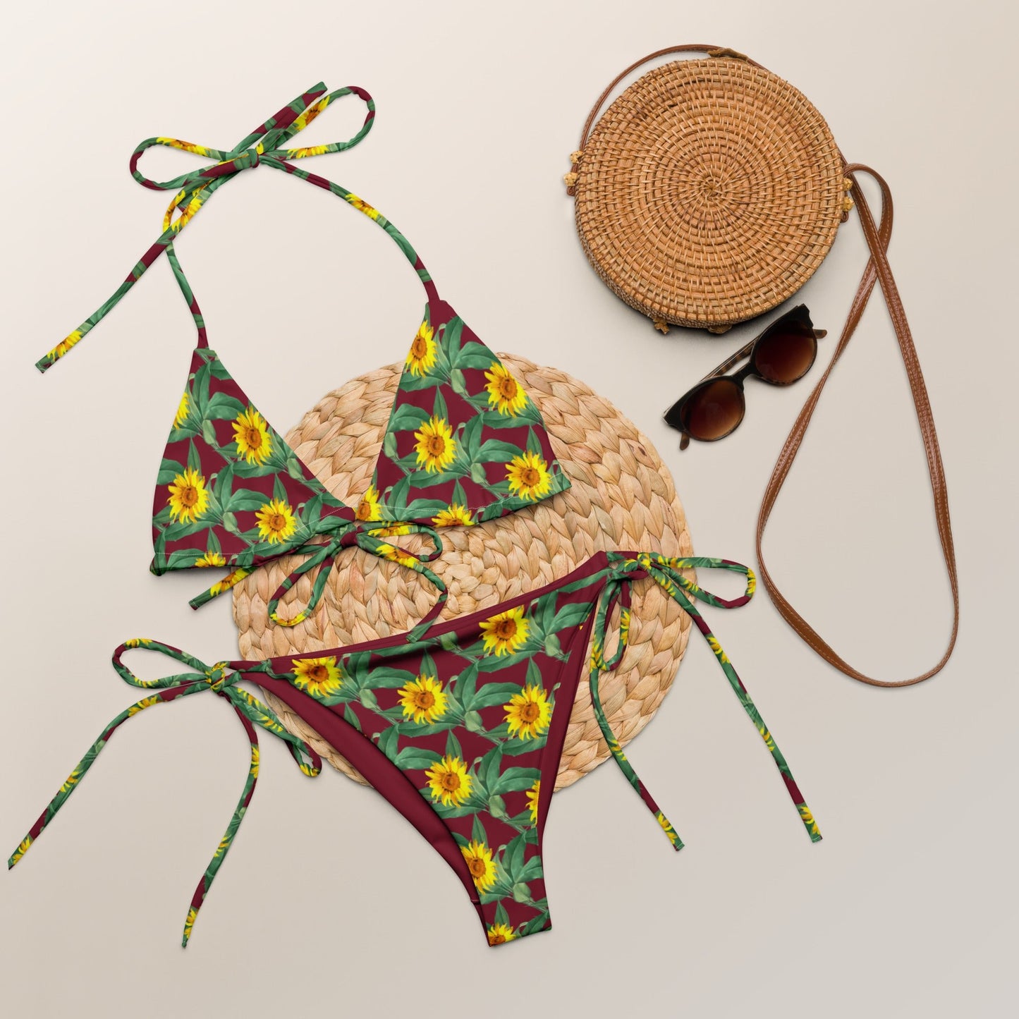 Women's All - over print recycled string bikini, Burgundy Yellow Bikini, Sunflower Top, Floral Bikini, Cute Summer Bikini - PratSN