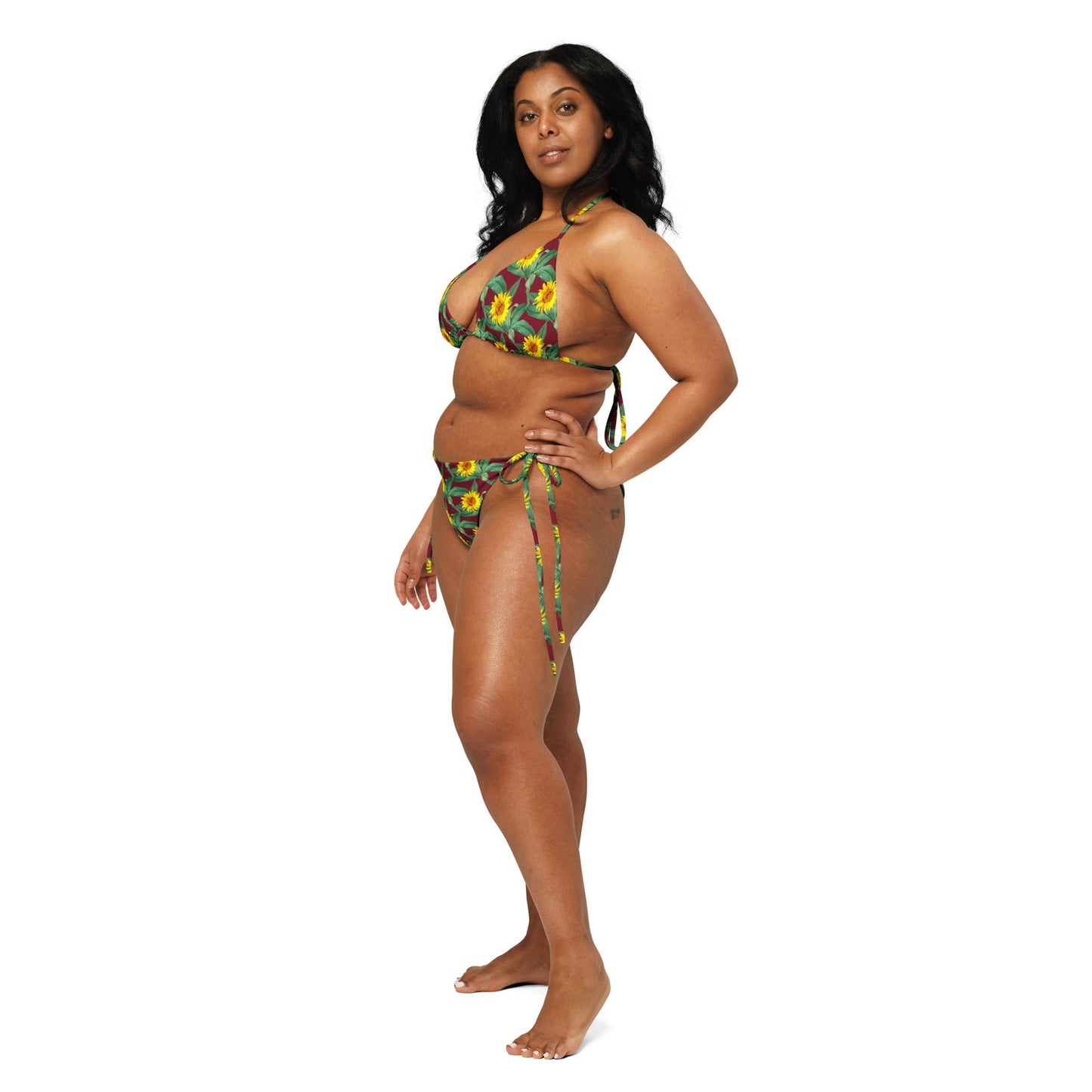 Women's All - over print recycled string bikini, Burgundy Yellow Bikini, Sunflower Top, Floral Bikini, Cute Summer Bikini - PratSN