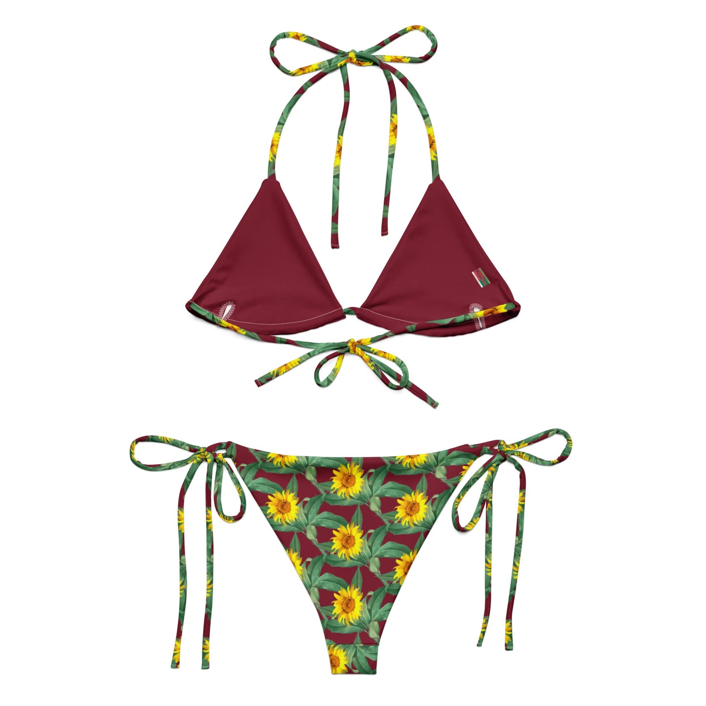 Women's All - over print recycled string bikini, Burgundy Yellow Bikini, Sunflower Top, Floral Bikini, Cute Summer Bikini - PratSN